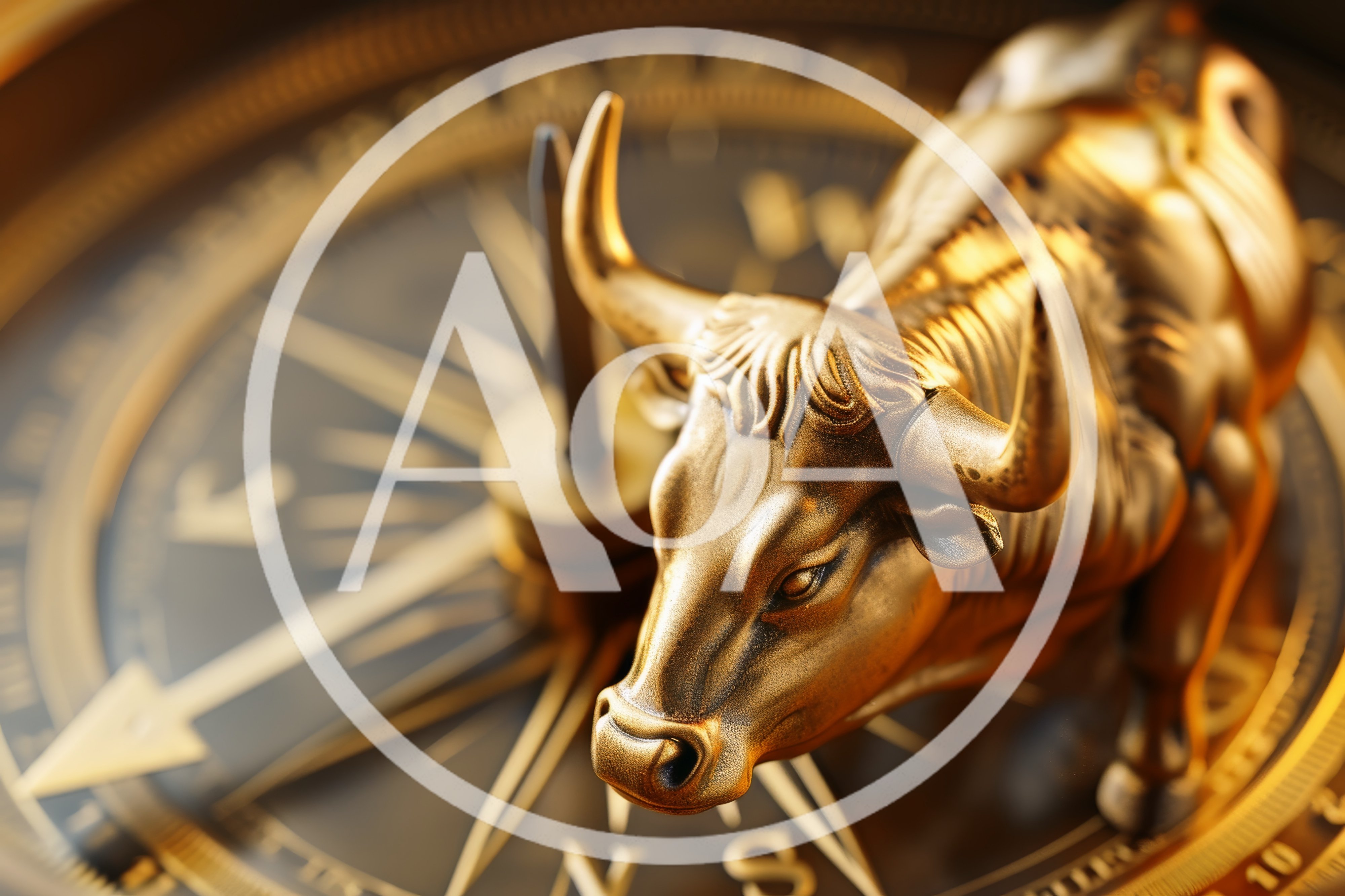 Golden Bull Statue Standing On A Vintage Compass