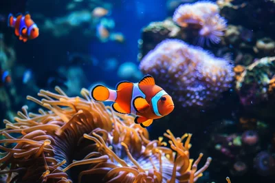 Clownfish Swimming Near Sea Anemone In Coral Reef