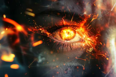 Close Up Of A Human Eye With Fiery Sparks