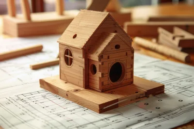 Wooden Architectural Model House On Blueprint Plans
