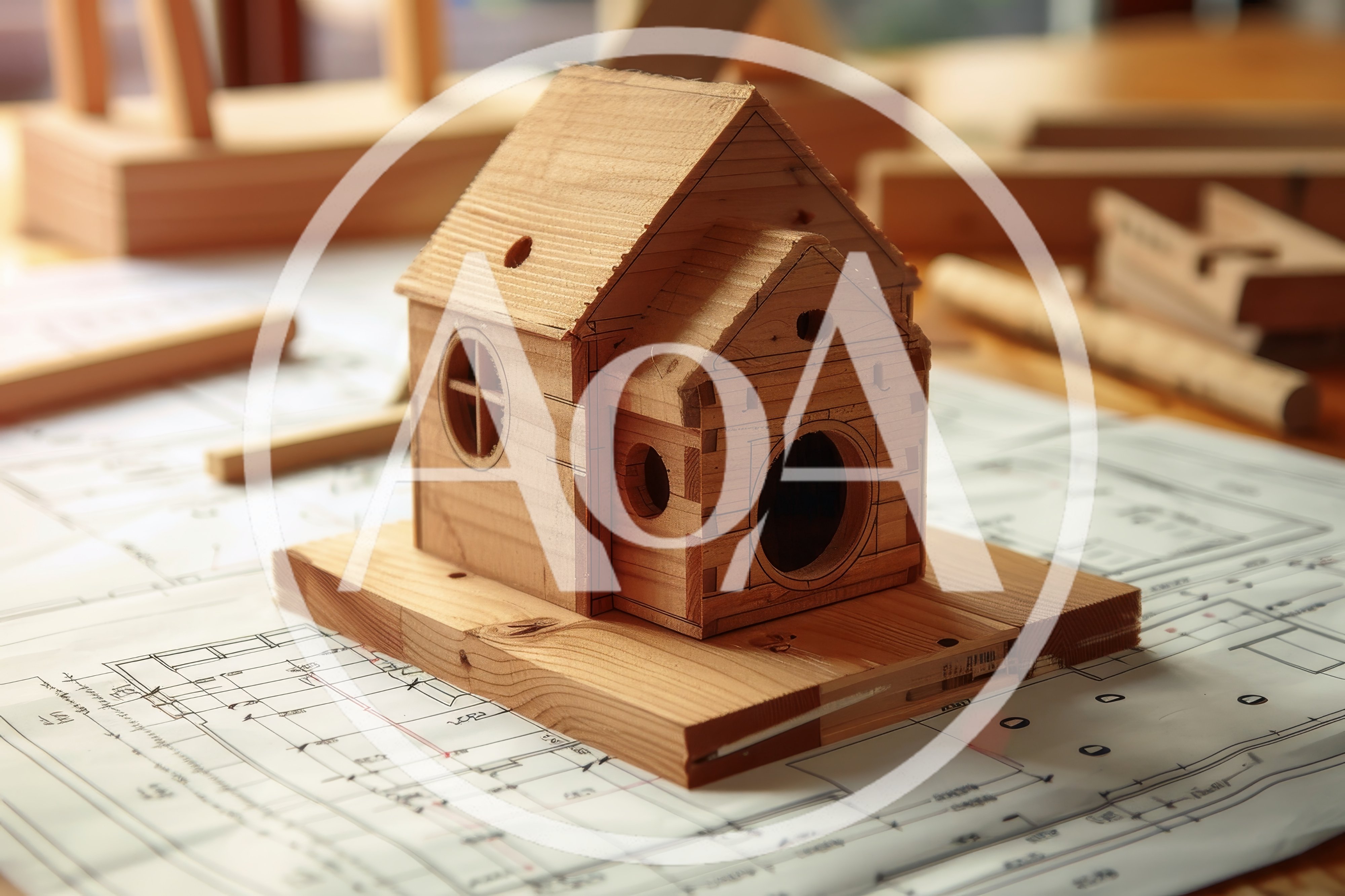 Wooden Architectural Model House On Blueprint Plans