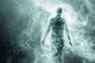Ethereal Human Silhouette Emerging From Swirling White Smoke