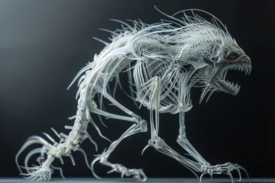 Translucent Skeletal Creature Sculpture On Dark Background