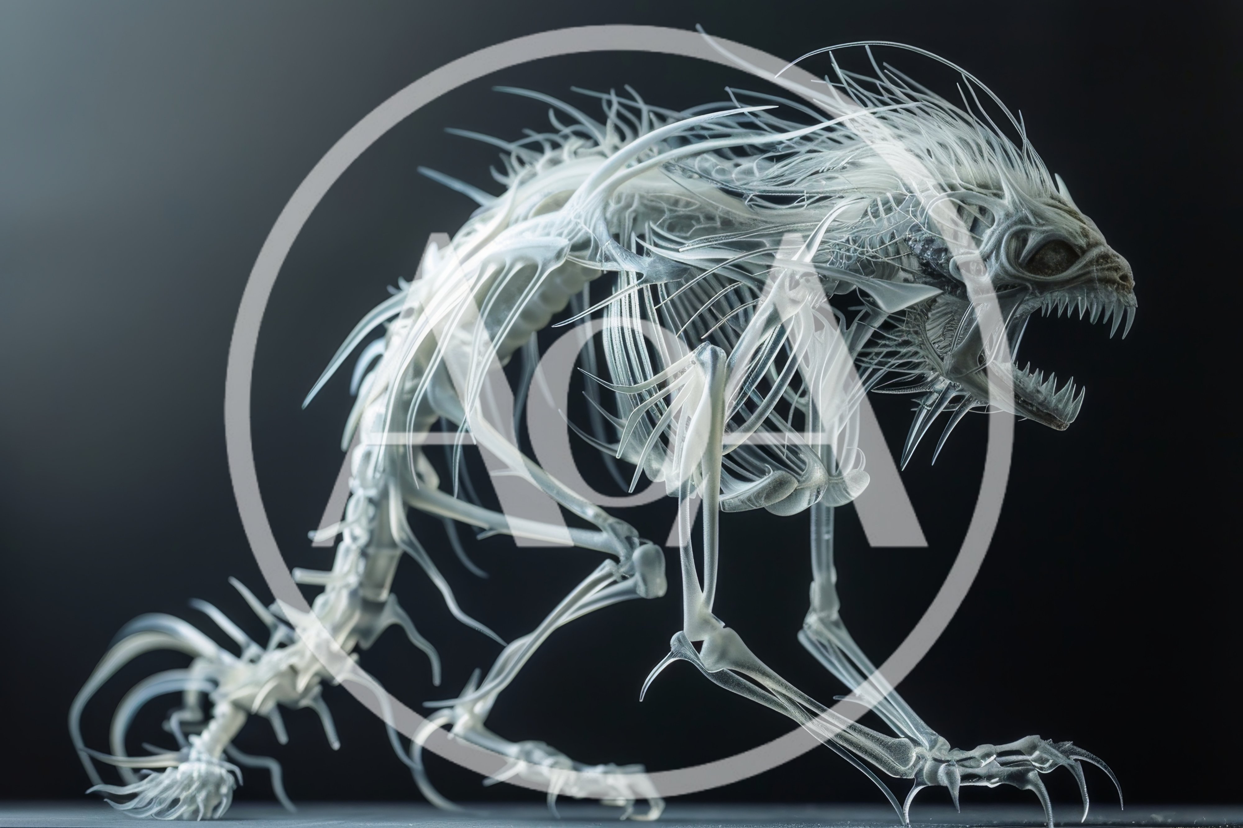 Translucent Skeletal Creature Sculpture On Dark Background