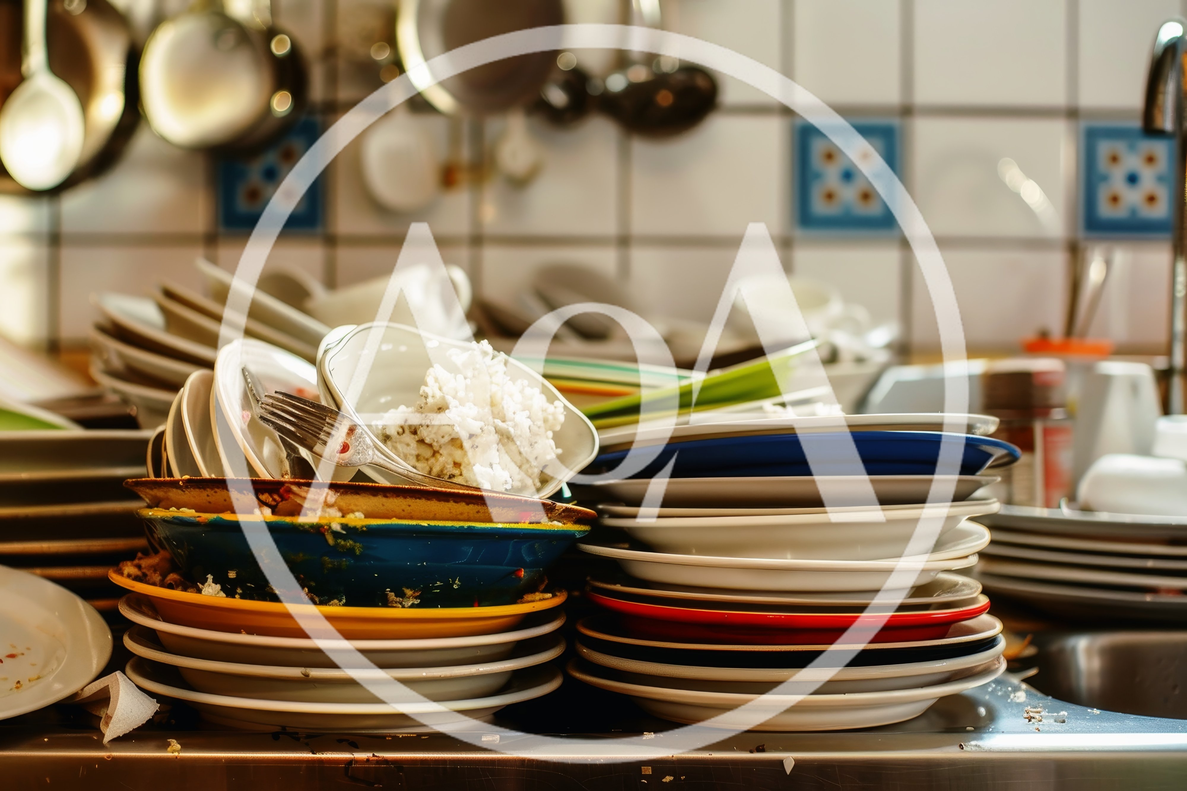 Stack Of Dirty Dishes In A Kitchen Sink