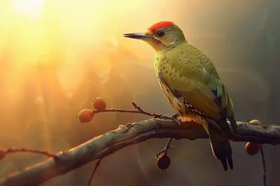Green Woodpecker Perched On A Branch At Sunset