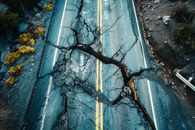 Aerial View Of A Cracked Asphalt Road