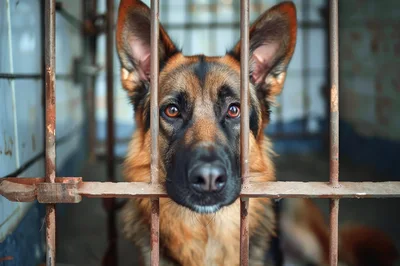 German Shepherd Dog Looking Through Metal Cage Bars