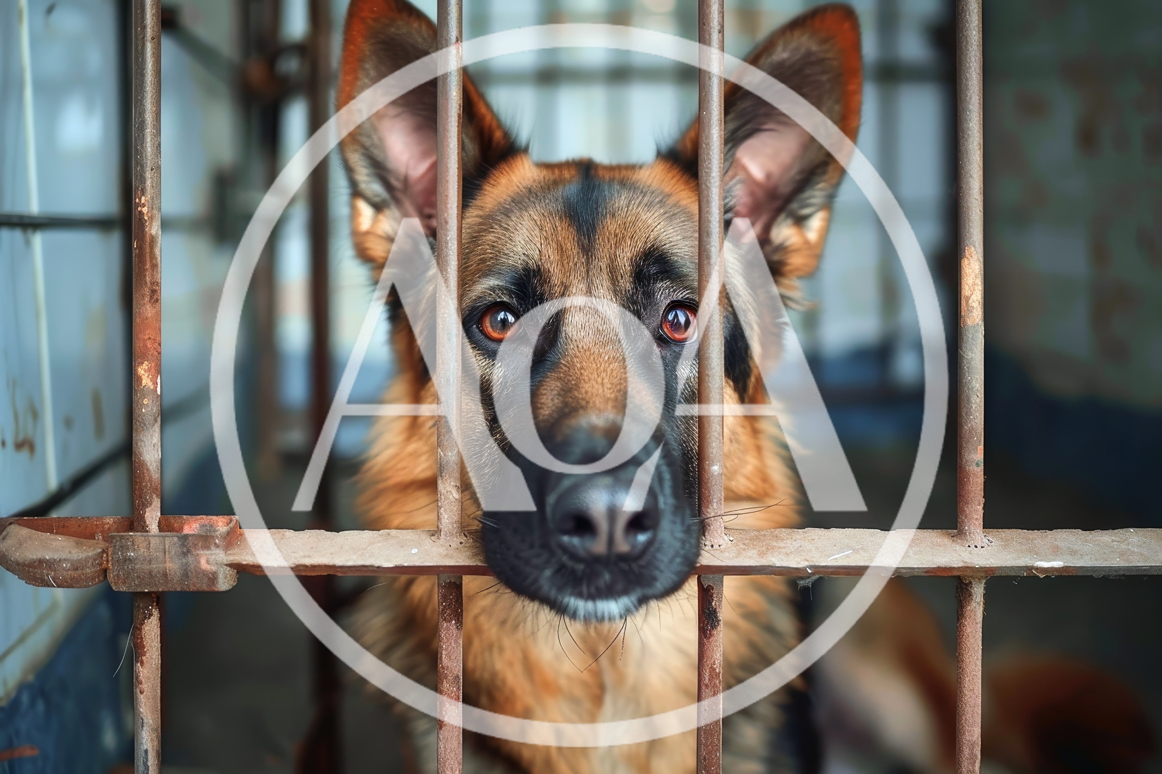 German Shepherd Dog Looking Through Metal Cage Bars