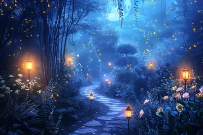 Enchanted Garden Path With Glowing Lanterns And Butterflies