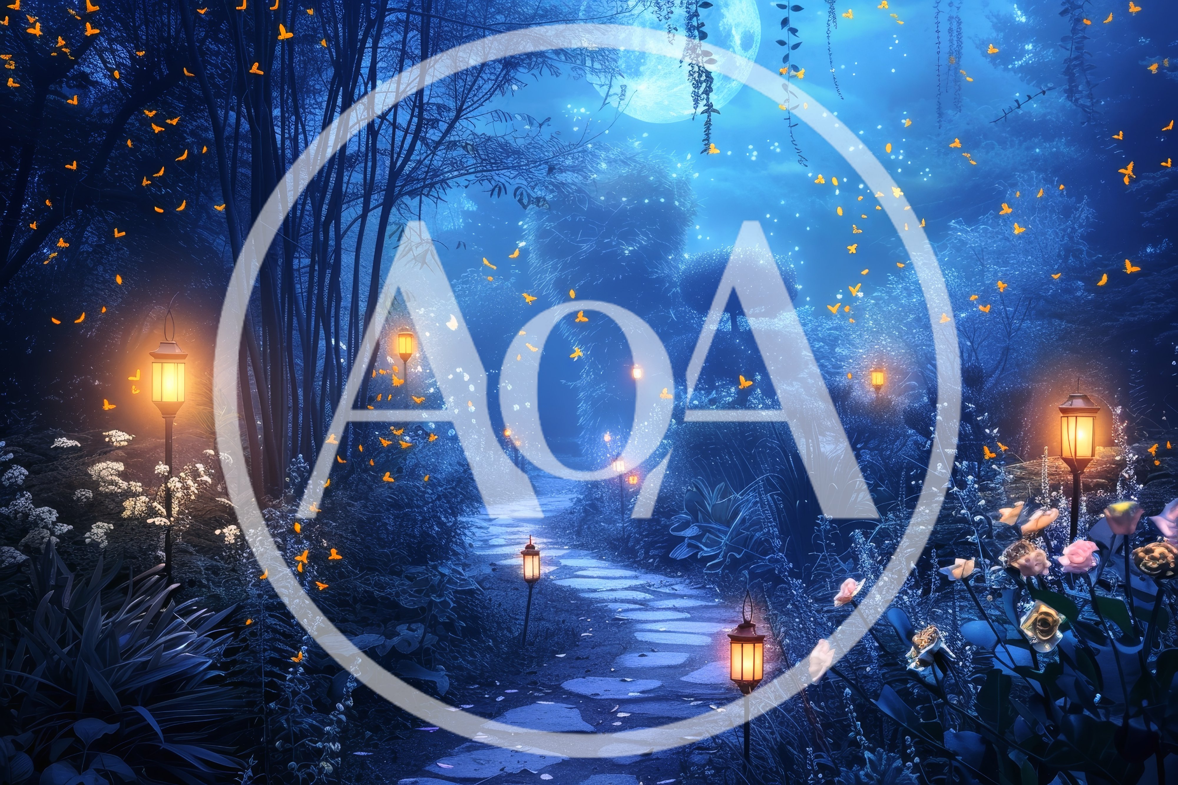 Enchanted Garden Path With Glowing Lanterns And Butterflies