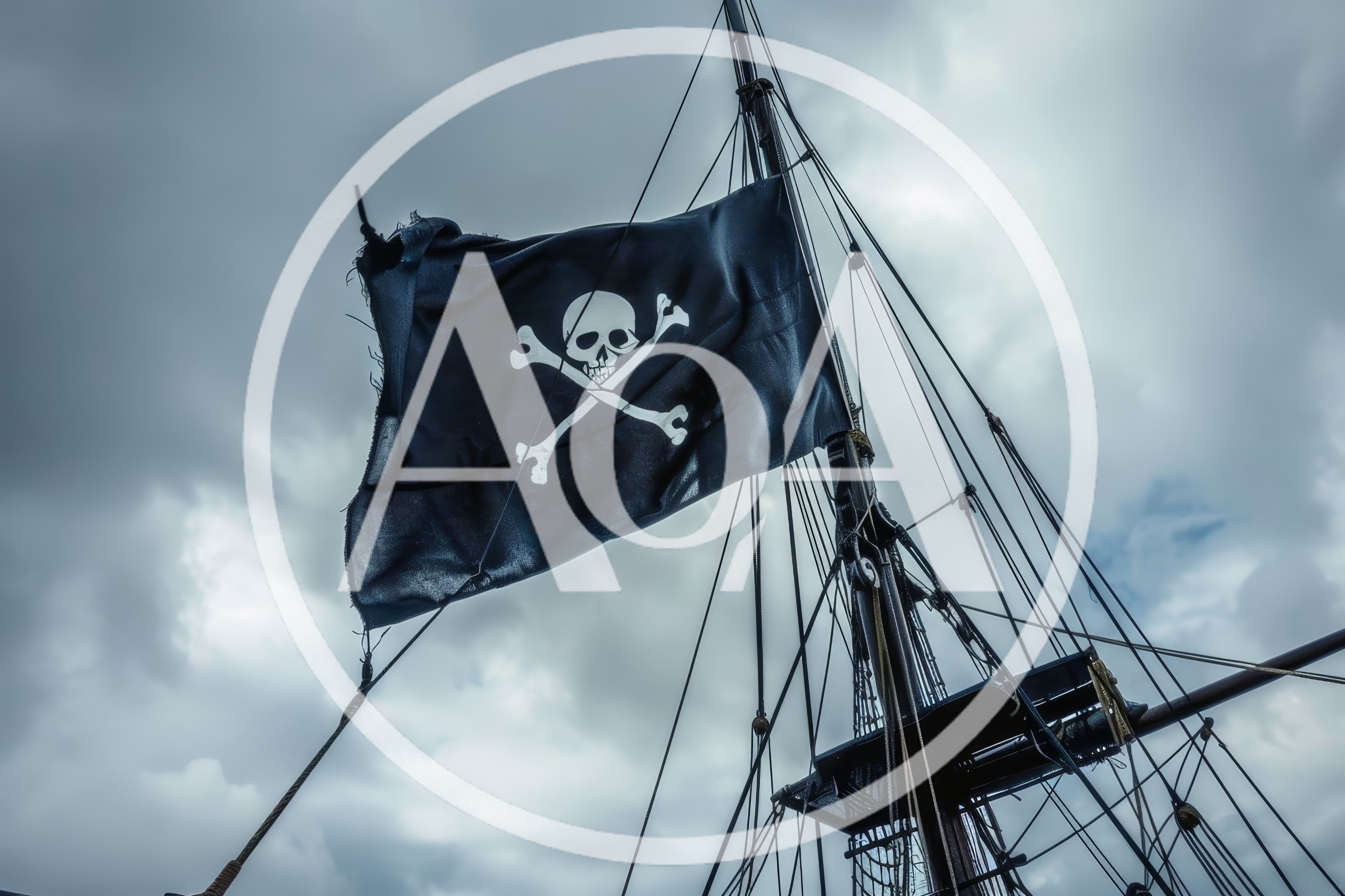 Tattered Jolly Roger Pirate Flag Flying On Ship Mast
