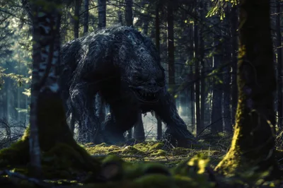 Dark Monstrous Creature Lurking In A Misty Forest