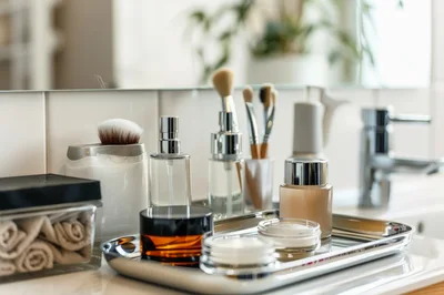 Bathroom Vanity Countertop With Skincare And Makeup Products