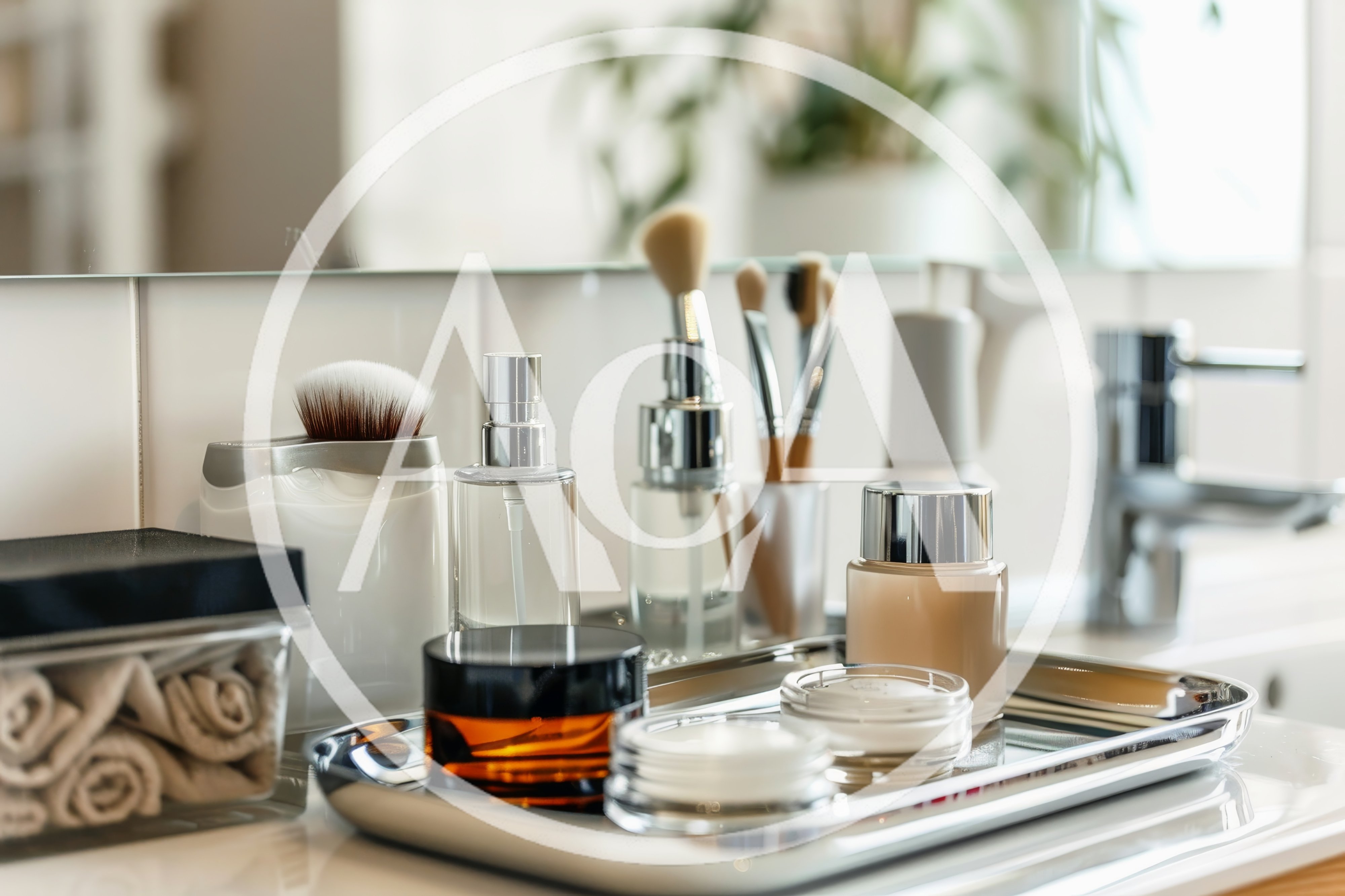 Bathroom Vanity Countertop With Skincare And Makeup Products