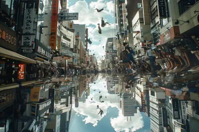 Surreal Mirror Reflection Of A Busy Tokyo Street