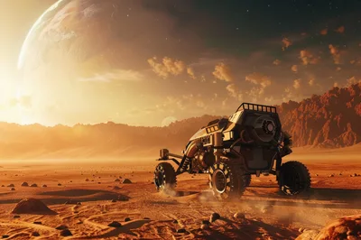 Futuristic Rover Exploring A Barren Alien Planet Surface