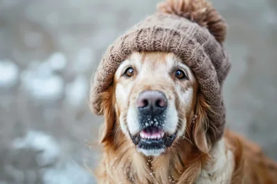 Golden Retriever Wearing A Brown Winter Hat