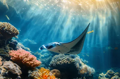 Manta Ray Swimming Over Vibrant Coral Reef