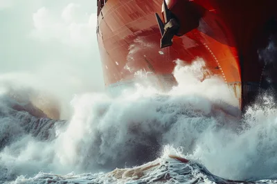 Large Cargo Ship Bow Crashing Through Rough Ocean Waves