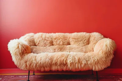 Fluffy Sheepskin Sofa Against A Vibrant Red Wall