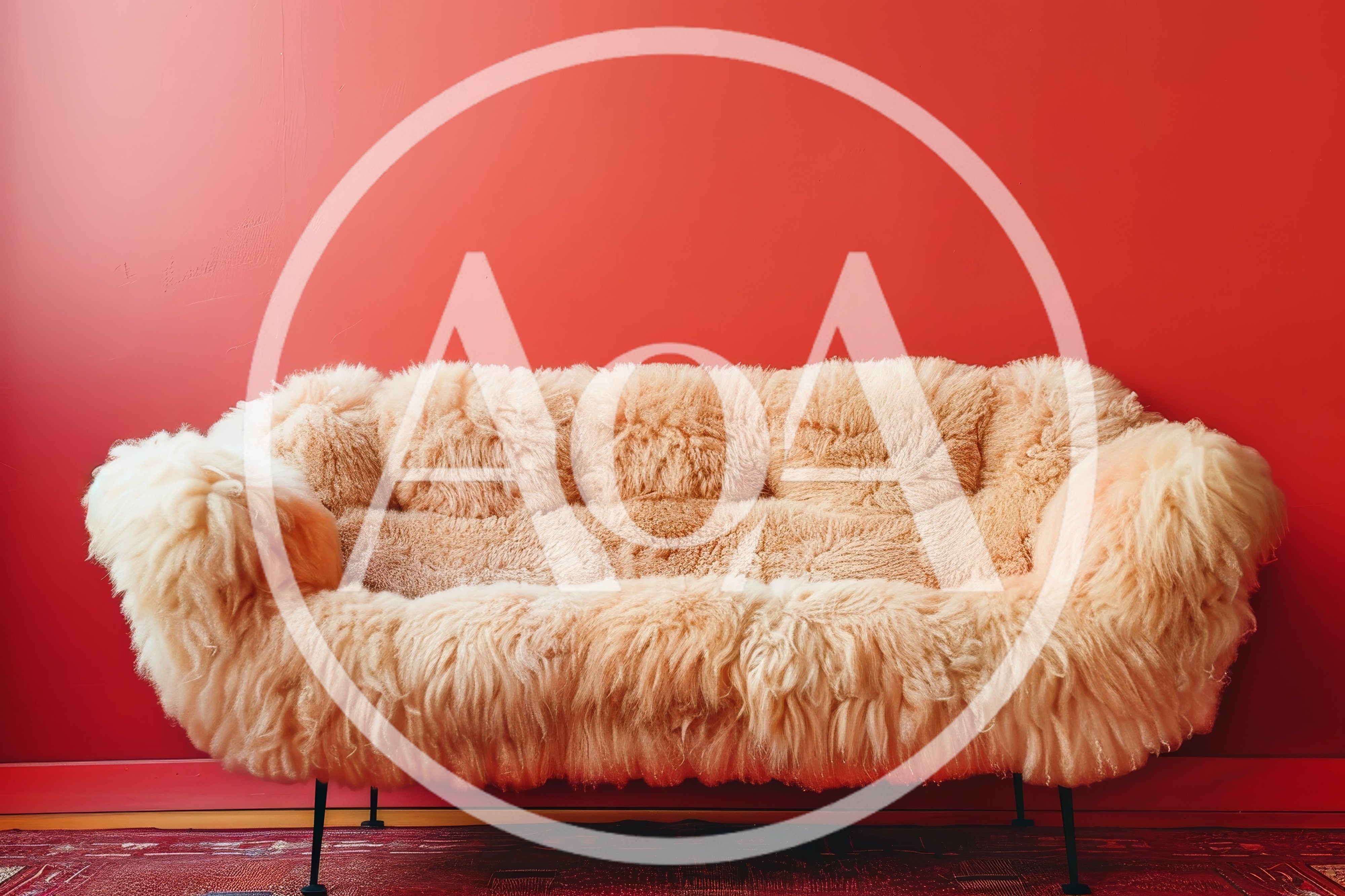 Fluffy Sheepskin Sofa Against A Vibrant Red Wall