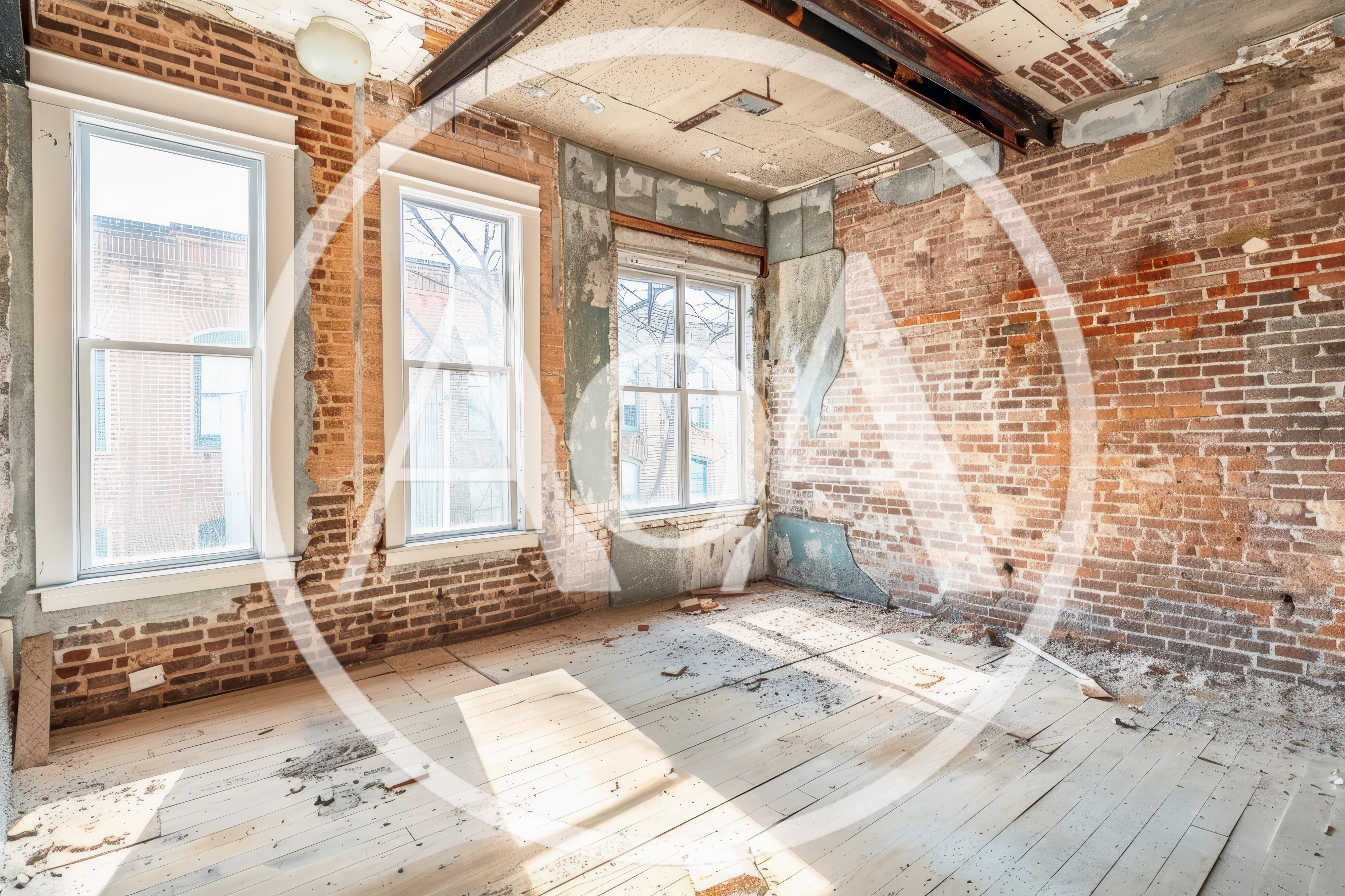 Dilapidated Room With Exposed Brick Walls And Windows