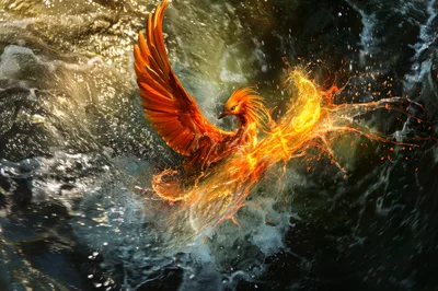 Fiery Phoenix Rising From Turbulent Water Surface