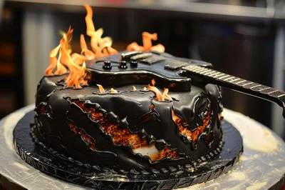 Black Guitar Themed Cake With Fire Decorations