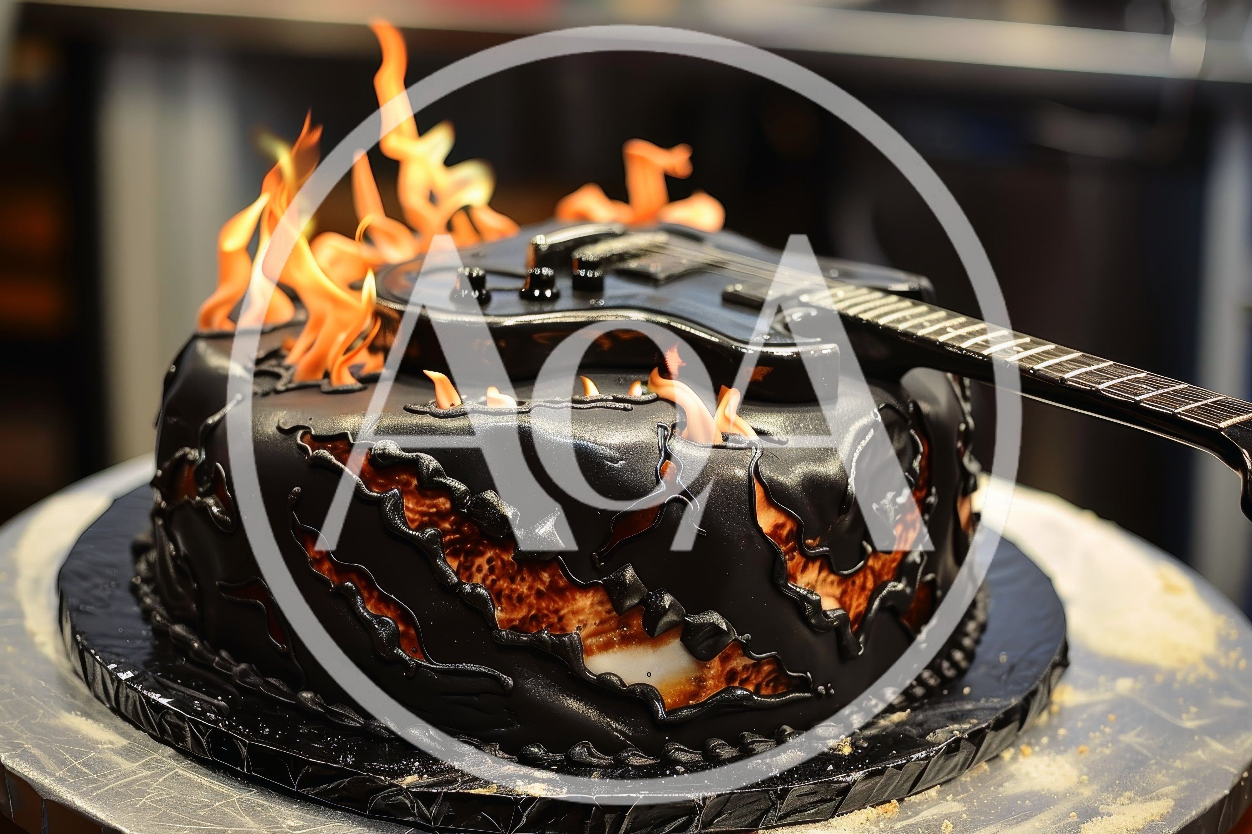Black Guitar Themed Cake With Fire Decorations