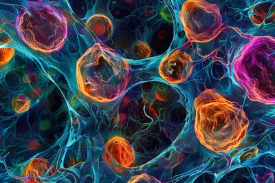 Microscopic View Of Cancer Cells In A Biological Network