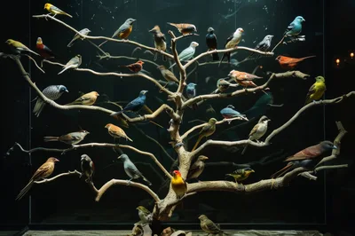 Taxidermy Bird Collection Displayed On Artificial Tree