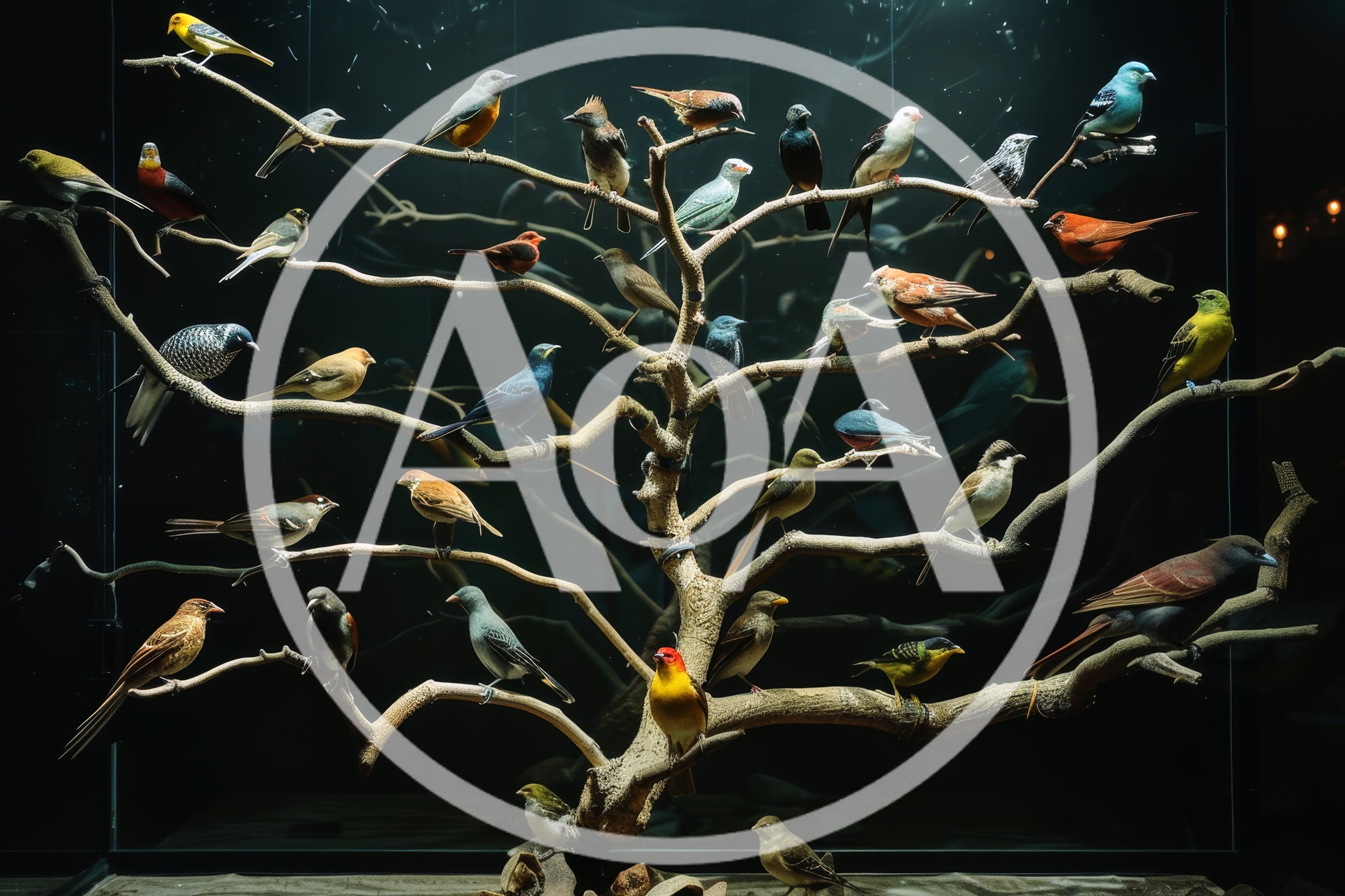 Taxidermy Bird Collection Displayed On Artificial Tree