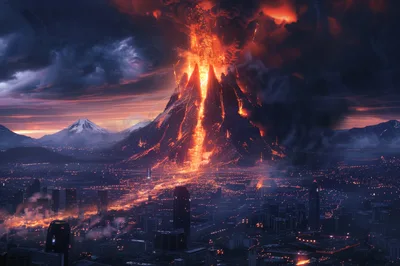 Volcanic Eruption Over A Modern Cityscape