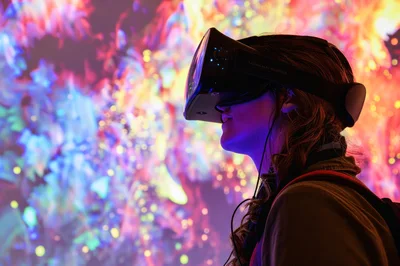 Young Woman Wearing Virtual Reality Headset In Colorful Environment
