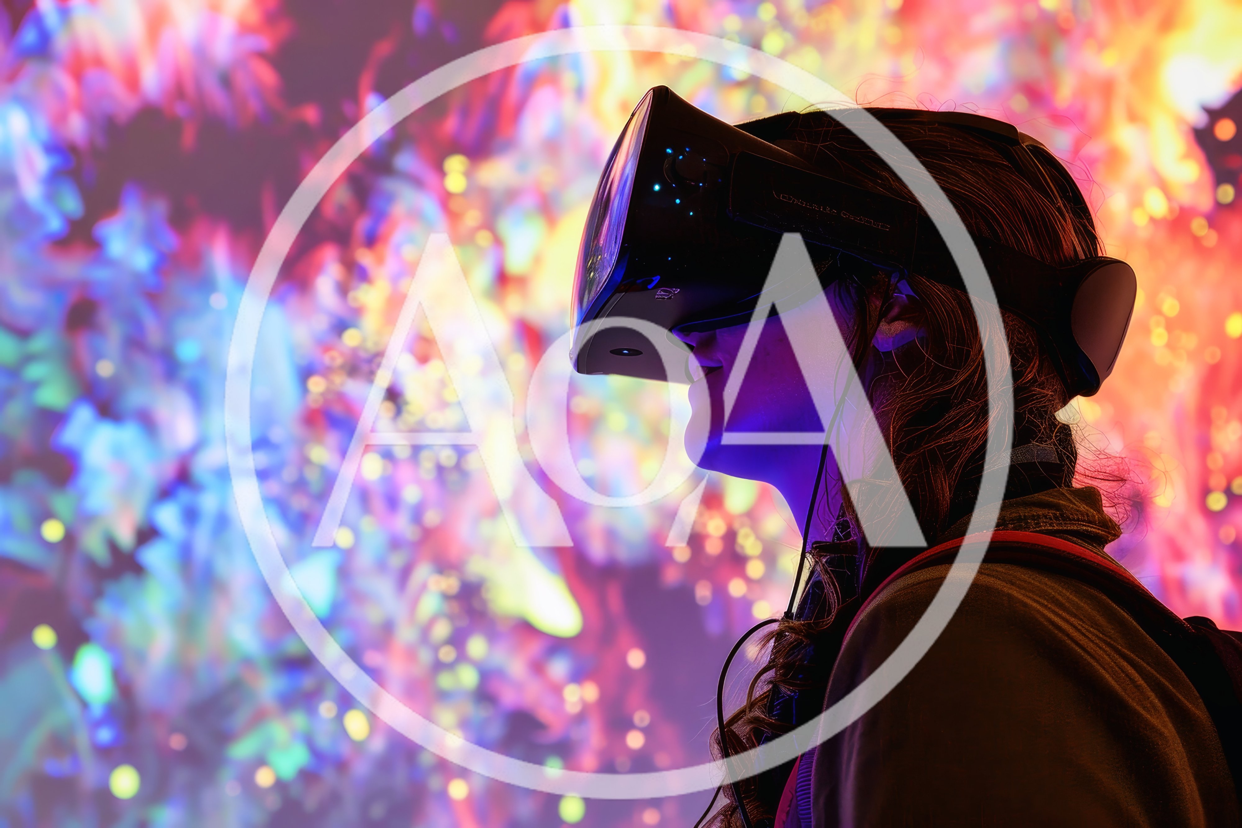 Young Woman Wearing Virtual Reality Headset In Colorful Environment