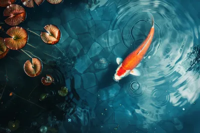 Orange Koi Fish Swimming in a Reflective Pond