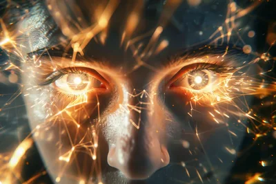 Close Up Of Human Eyes With Glowing Digital Network