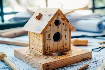Wooden Birdhouse Model On Architectural Blueprints