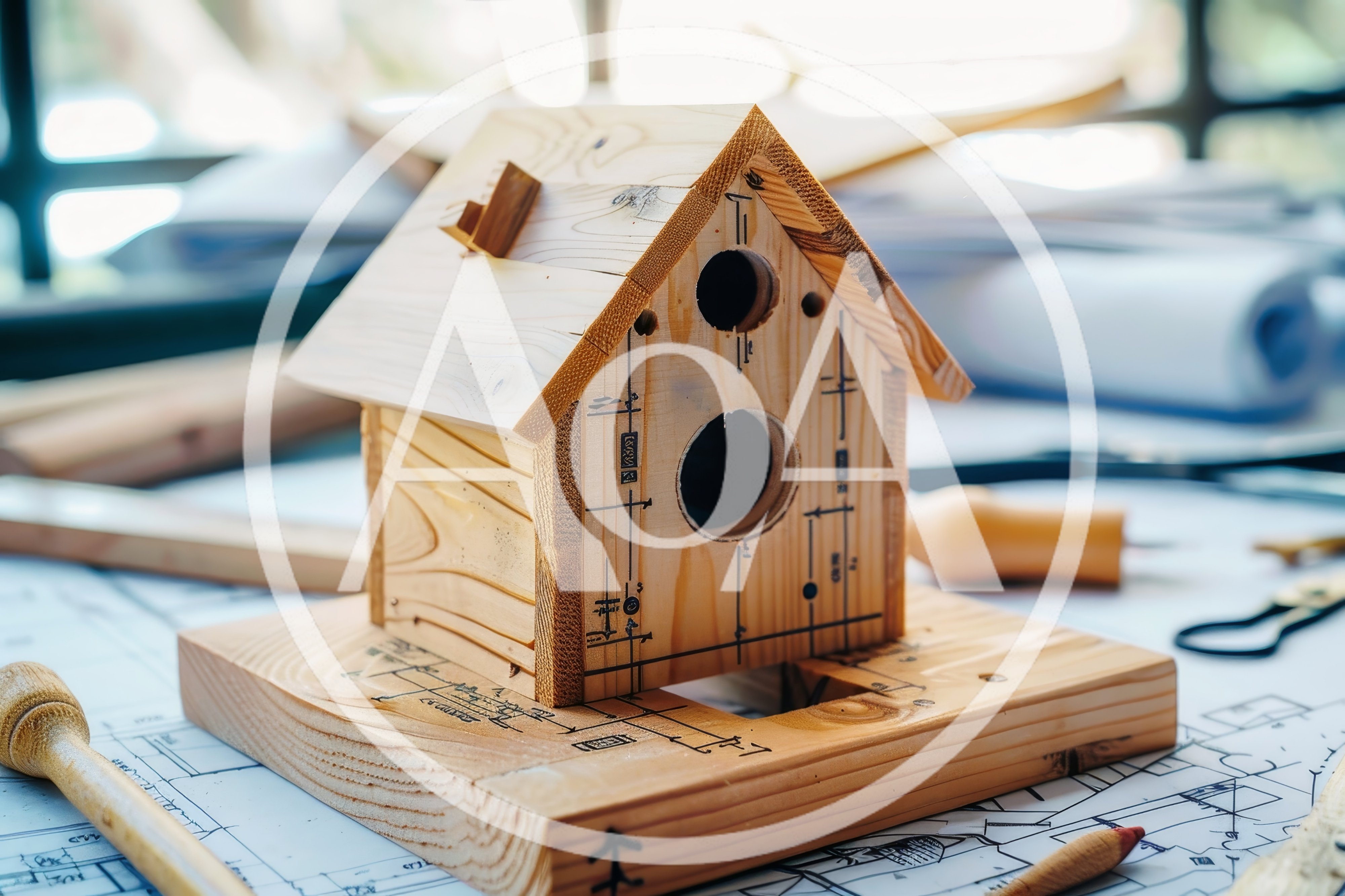 Wooden Birdhouse Model On Architectural Blueprints