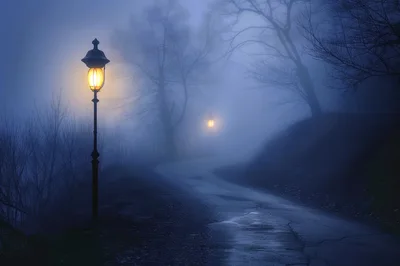 Foggy Path With Glowing Street Lamps At Night