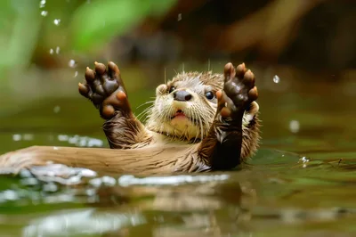 Cute Otter Floating In Water With Paws Up