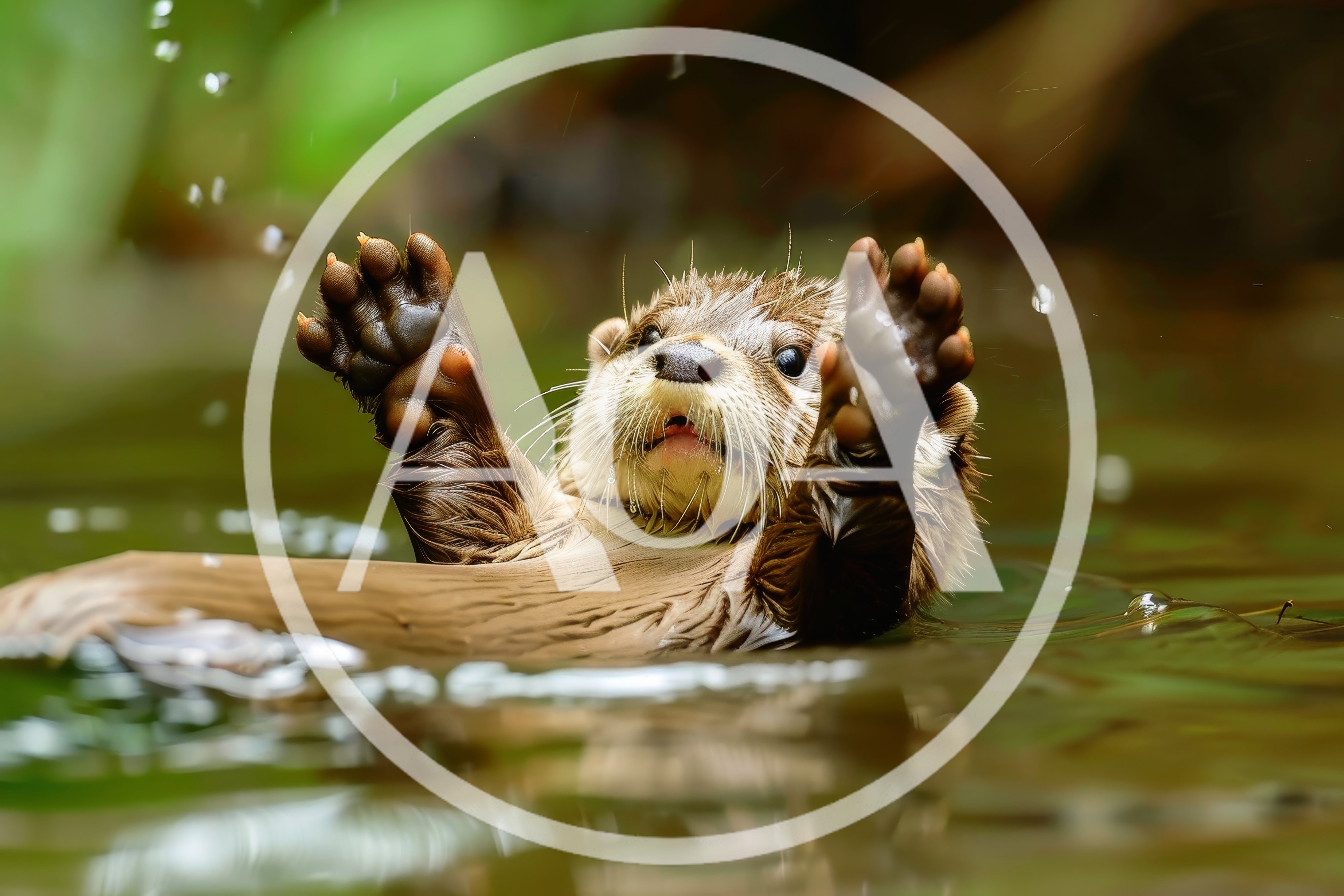 Cute Otter Floating In Water With Paws Up