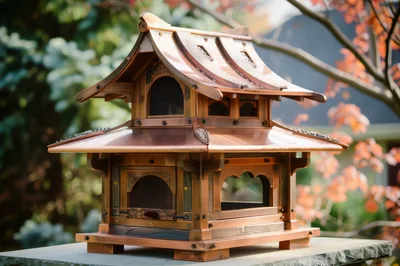 Copper Japanese Style Pagoda Birdhouse In Garden