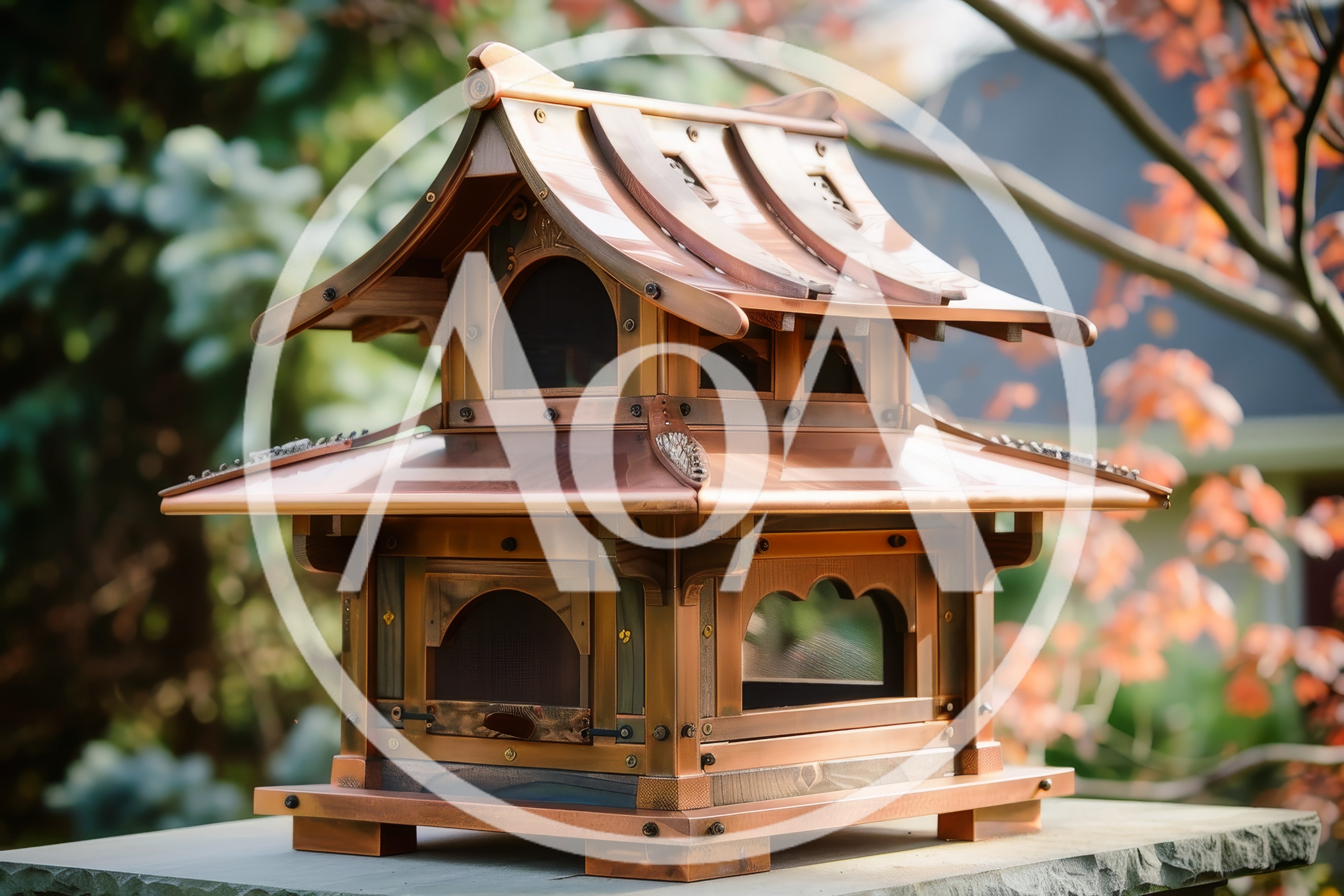 Copper Japanese Style Pagoda Birdhouse In Garden