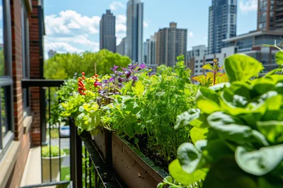 Urban Balcony Garden With City Skyline View