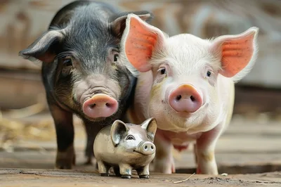 Two Live Pigs Standing Beside A Small Piggy Bank