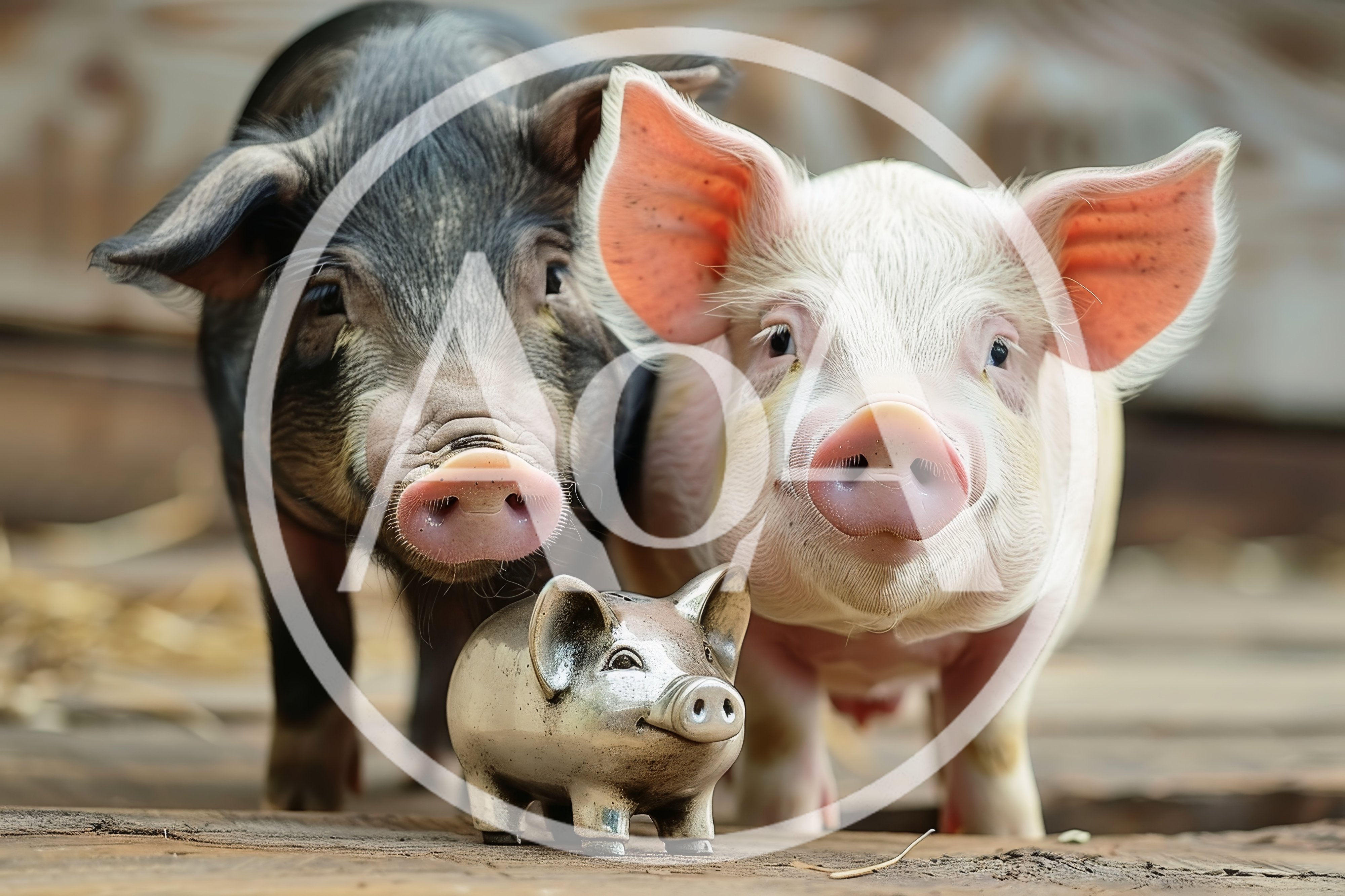 Two Live Pigs Standing Beside A Small Piggy Bank