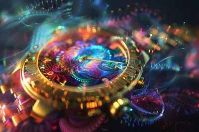 Abstract Golden Watch With Glowing Neon Fractal Patterns