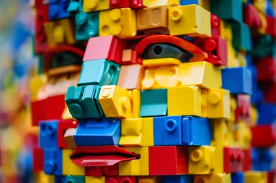 Close Up Of A Colorful Lego Brick Face Sculpture